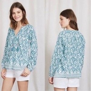 Boden Tassel V Neck Delphinium Blue Acanthus Leaf Print Boho Cotton Blouse US 4